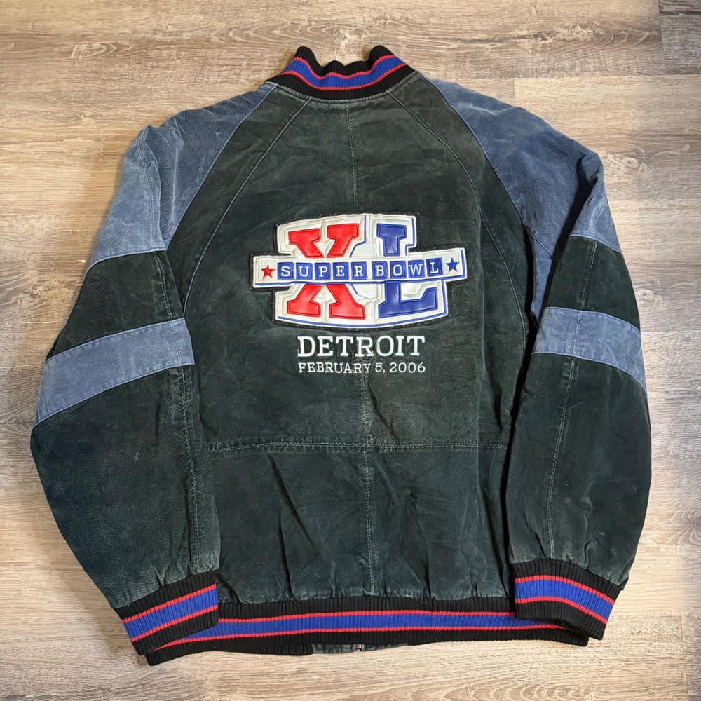 NFL Super Bowl XL Detroit 2006 Suede Leather Varsity Jacket Mens XL Black Blue